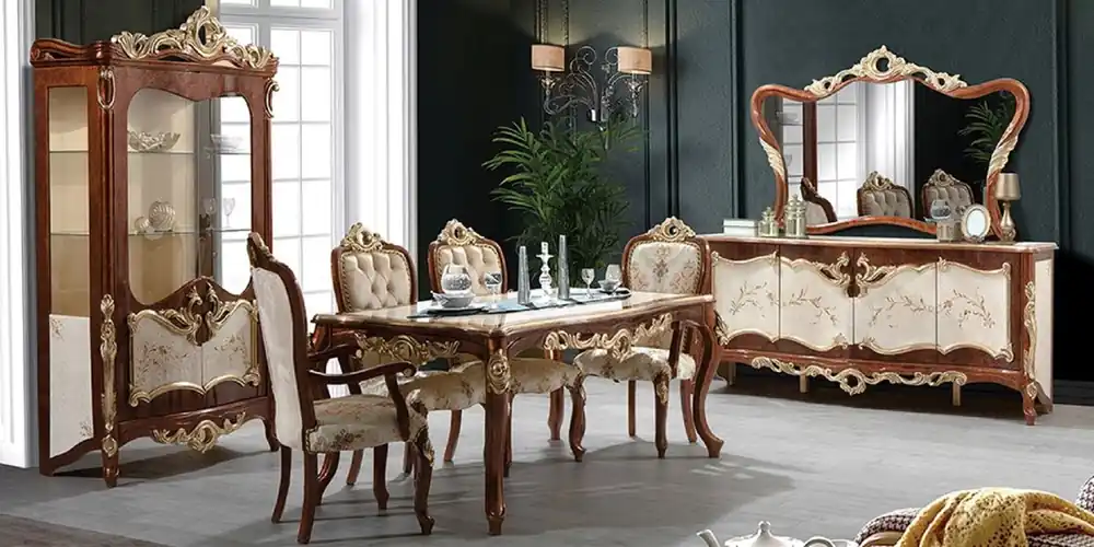 Casa Padrino conjunto de comedor barroco de lujo crema / marrón / oro - 1 Mesa de Comedor y 6 Sillas de Comedor y 1 Vitrina y 1 Aparador con Espejo de Pared - Muebles de comedor barrocos Direktkauf