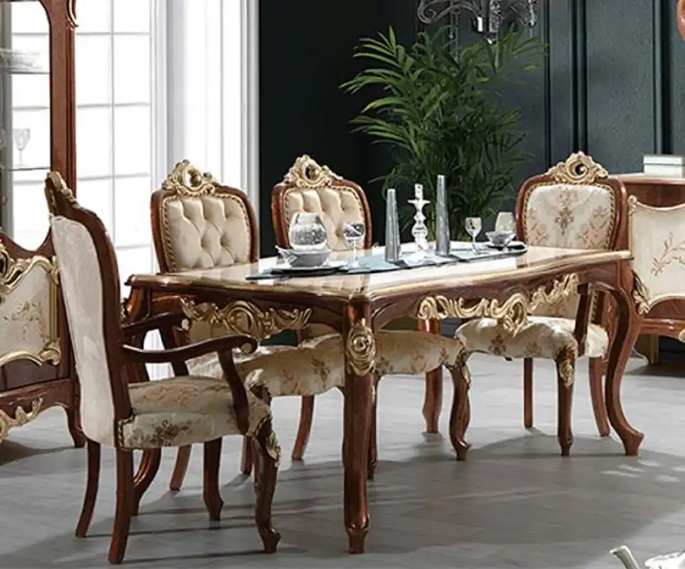 Casa Padrino conjunto de comedor barroco de lujo crema / marrón / oro - 1 Mesa de Comedor Barroco y 6 Sillas de Comedor Barroco - Muebles de comedor en estilo barroco - Noble y Magnífico Neue Ware