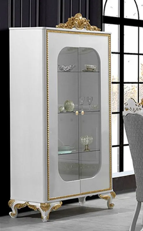 Sale Casa Padrino vitrina barroco de lujo blanco / oro - Vitrina de madera maciza hecha a mano con 2 puertas de vidrio - Magníficos muebles barrocos