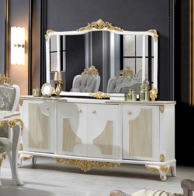 Wochenendangebot Casa Padrino conjunto de muebles barrocos de lujo blanco / oro - 1 Aparador Barroco con 4 Puertas y 1 Espejo de Pared Barroco - Magnífico muebles barroco