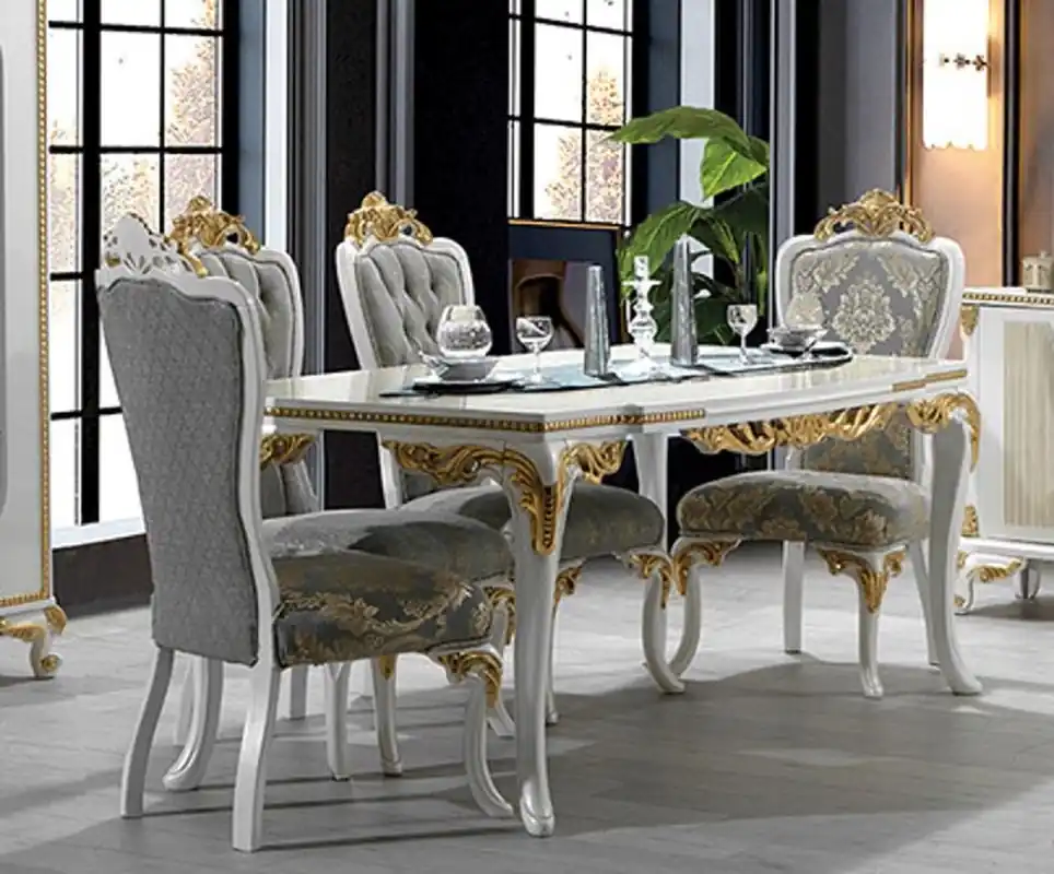 Neuheit Casa Padrino conjunto de comedor barroco de lujo gris / blanco / oro - 1 Mesa de Comedor Barroco y 6 Sillas de Comedor Barroco - Muebles de comedor en estilo barroco - Noble y Magnífico