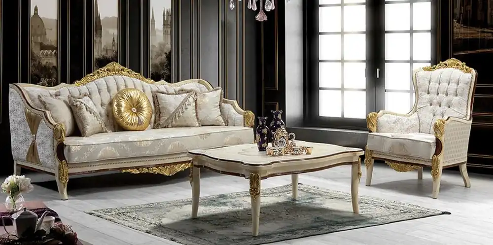 Preisknaller Casa Padrino conjunto de sala de estar barroco de lujo gris / blanco / marrón / oro - 2 Sofás con Patrón y 2 Sillones con Patrón y 1 Mesa de Centro - Magnífica muebles de salón barrocos