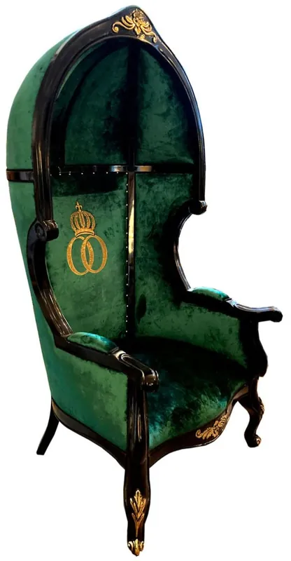 Finale Aktion Pompöös by Casa Padrino sillón barroco con forma de globo de lujo verde oscuro / negro / dorado con pedrería - Sillón barroco con capucha Pompööser de Harald Glööckler