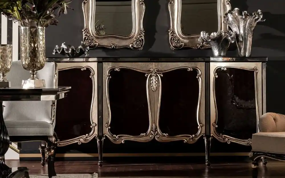Nur Für Kurze Zeit Casa Padrino aparador barroco de lujo negro / plata - Elegante mueble de madera maciza con 4 puertas - Muebles Barrocos