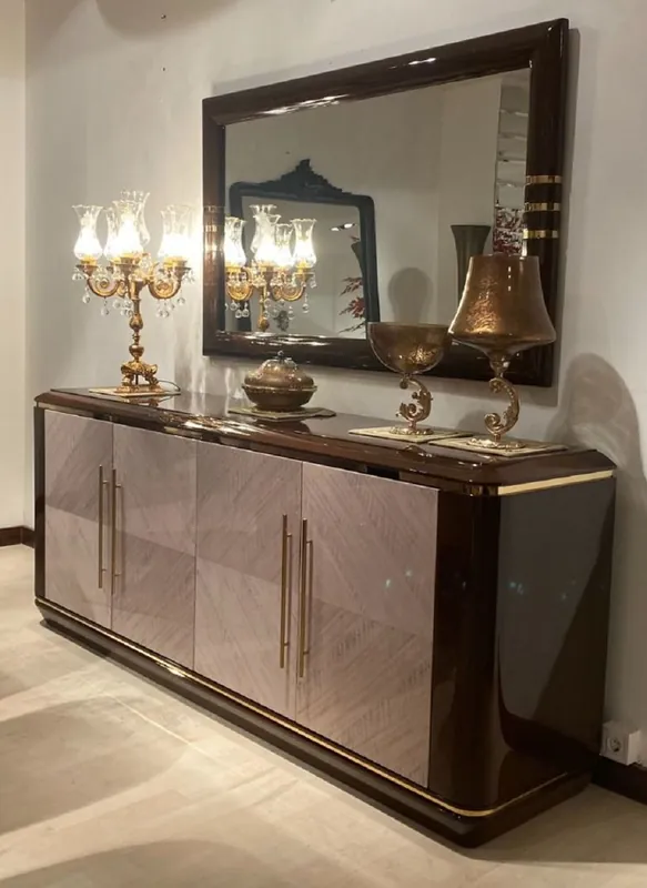 Echt Casa Padrino conjunto de muebles de lujo marrón oscuro / gris / oro - 1 Aparador con 4 Puertas y 1 Espejo de Pared - Muebles de Hotel de Lujo