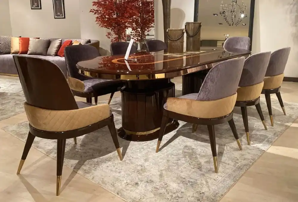 Nur Für Kurze Zeit Casa Padrino conjunto de comedor de lujo púrpura / beige / marrón oscuro / oro - 1 Mesa de Comedor y 8 Sillas de Comedor - Muebles de comedor de lujo - Calidad de Lujo