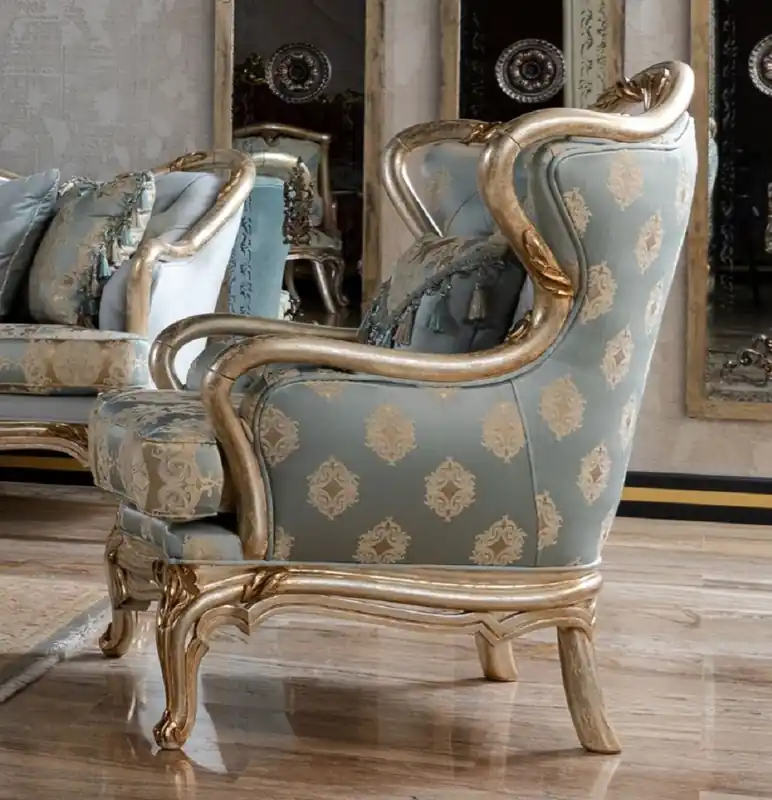 Casa Padrino sillón de orejas barroco de lujo azul claro / plata / oro - Magnífico sillón de salón en estilo barroco - Muebles Barrocos Kracherpreis