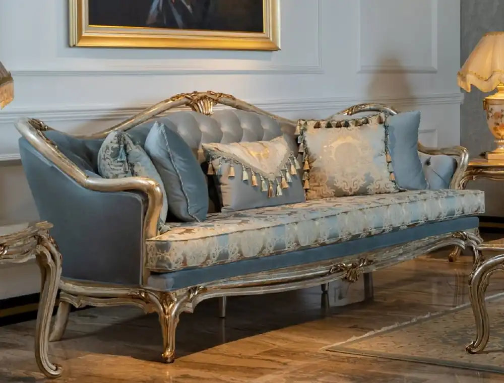 Schnäppchen Casa Padrino sofá barroco de lujo azul claro / plata / oro - Sofá de salón hecho a mano en estilo barroco - Muebles de salón barrocos