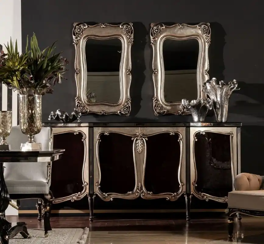 Casa Padrino conjunto de muebles barrocos de lujo negro / plata - 1 Aparador Barroco y 2 Espejos de Pared Barroco - Muebles Barrocos - Noble y Magnífico Neue Kollektion