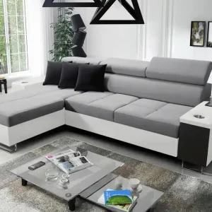 Jetzt Kaufen Ecksofa mit Schlaffunktion Dafni Grau-Weiß linksseitig geflochten bietet Komfort und Funktionalität während der täglichen Erholung