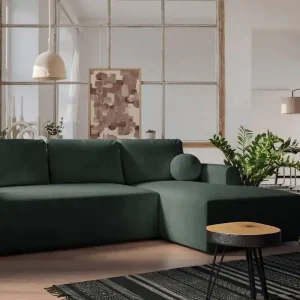 Nur Für Kurze Zeit Ecksofa mit Schlaffunktion Colio grün rechte Seite stilvolles Ecksofa mit interessanter Form Veloursstoff Zierkissen Ball