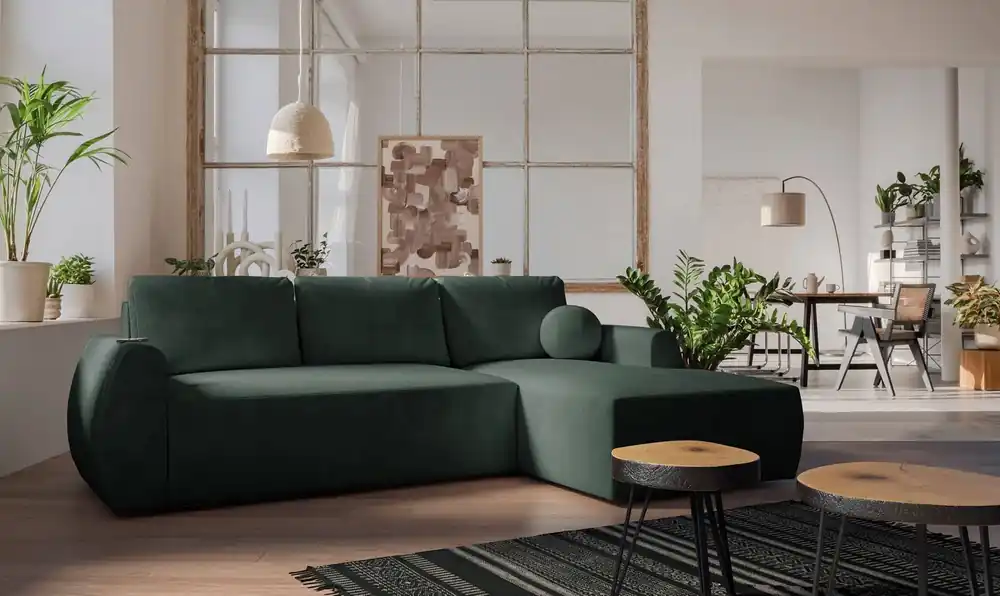 Nur Für Kurze Zeit Ecksofa mit Schlaffunktion Colio grün rechte Seite stilvolles Ecksofa mit interessanter Form Veloursstoff Zierkissen Ball