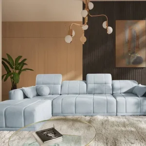 Heißes Angebot Ecksofa mit Schlaffunktion Cetara XII blau linksseitig stilvolles Design komfortable Schiebelehnen zwei Bettkästen