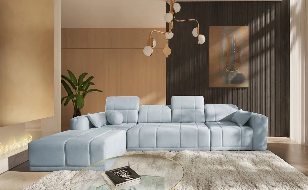 Heißes Angebot Ecksofa mit Schlaffunktion Cetara XII blau linksseitig stilvolles Design komfortable Schiebelehnen zwei Bettkästen