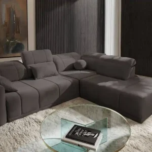 Ecksofa mit Schlaffunktion Cetara VII grau-braun rechtsseitig hochwertiges Ecksofa für das Wohnzimmer mit bequemer Schiebelehne Online Kaufen