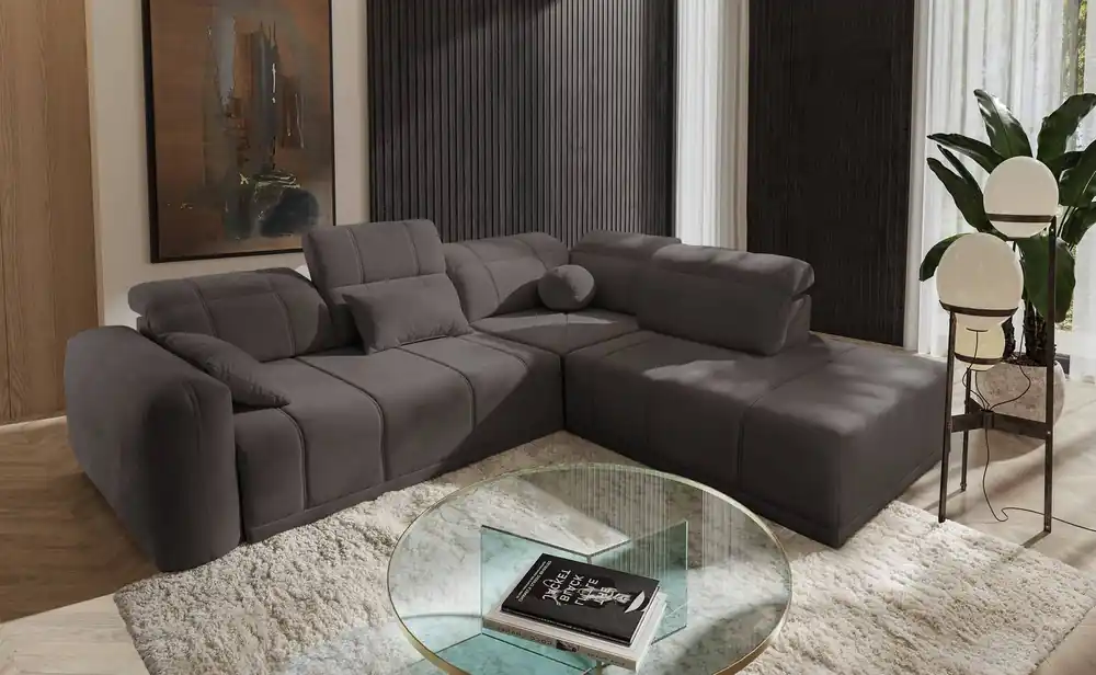 Ecksofa mit Schlaffunktion Cetara VII grau-braun rechtsseitig hochwertiges Ecksofa für das Wohnzimmer mit bequemer Schiebelehne Online Kaufen