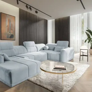 Top-Seller Ecksofa mit Schlaffunktion Cetara IV blau linke Seite stilvolles Eckdesign mit verschiebbaren Rückenlehnen zwei Bettzeugkästen