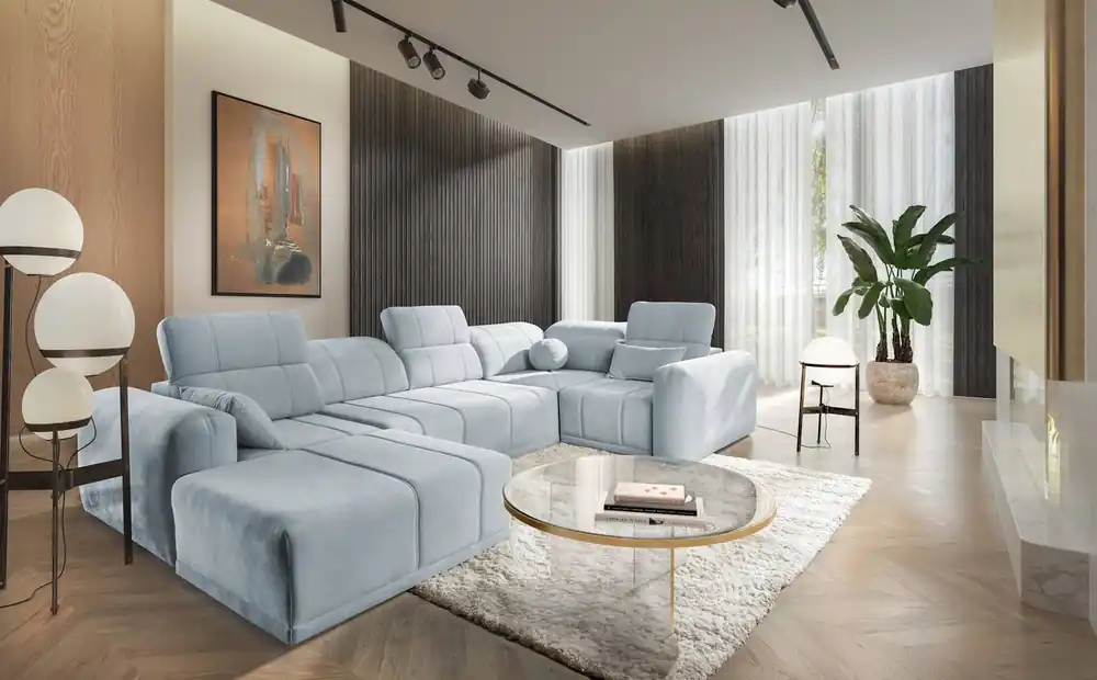 Top-Seller Ecksofa mit Schlaffunktion Cetara IV blau linke Seite stilvolles Eckdesign mit verschiebbaren Rückenlehnen zwei Bettzeugkästen
