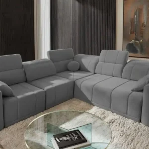 Sale Ecksofa mit Schlaffunktion Cetara III grau links Ergonomisches Ecksofa mit verschiebbarer Rückenlehne und verstellbaren Kopfstützen