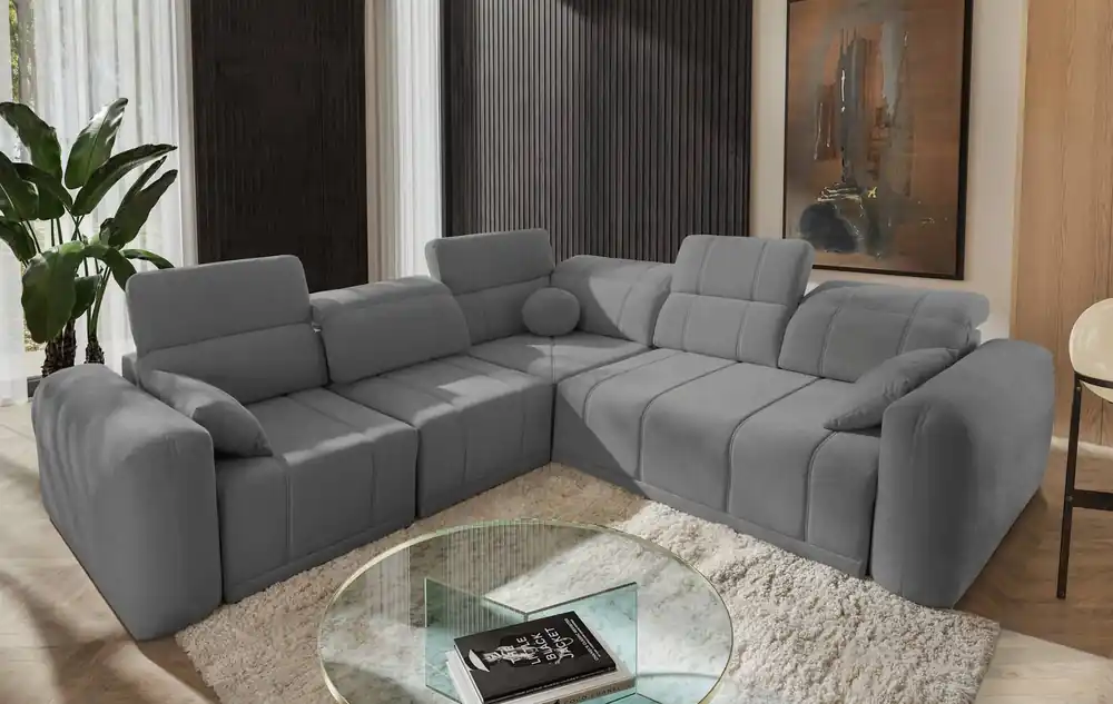 Sale Ecksofa mit Schlaffunktion Cetara III grau links Ergonomisches Ecksofa mit verschiebbarer Rückenlehne und verstellbaren Kopfstützen