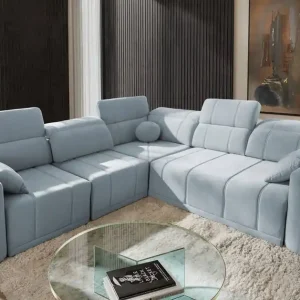 Ecksofa mit Schlaffunktion Cetara III blau links Ergonomisches Ecksofa mit verschiebbarer Rückenlehne und verstellbaren Kopfstützen Geprüft