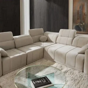 Ecksofa mit Schlaffunktion Cetara III beige links Ergonomisches Ecksofa mit verschiebbarer Rückenlehne und verstellbaren Kopfstützen Preiswert