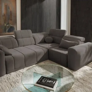 Ecksofa mit Schlaffunktion Cetara II grau braun rechtsseitig stilvolles Design verschiebbare Rückenlehnen verstellbare Kopfstützen und Bettzeugcontainer Online Kaufen