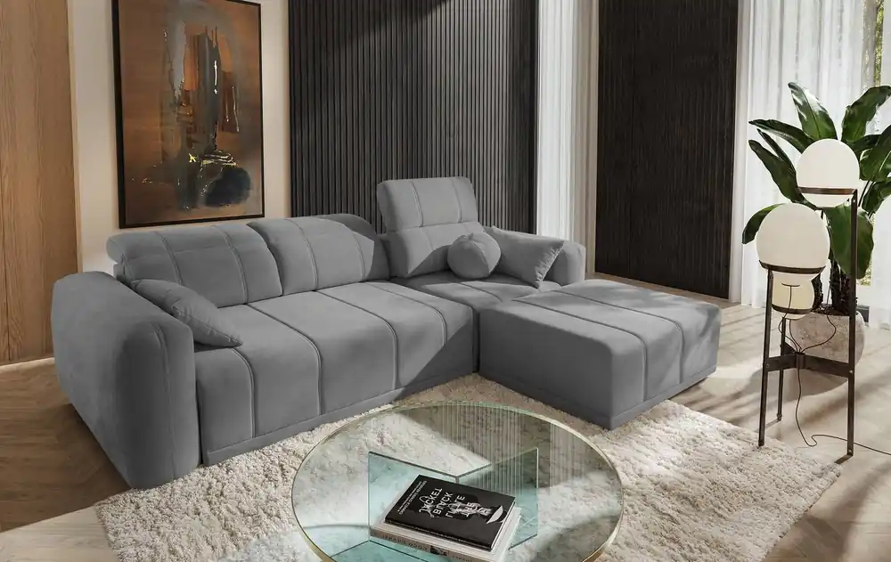 Nur Heute Ecksofa mit Schlaffunktion Cetara grau rechte Seite stilvolles Design komfortable Schiebelehne verstellbare Kopfstützen
