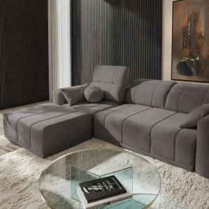Sale Ecksofa mit Schlaffunktion Cetara grau braun linksseitig stilvolles Design bequeme verschiebbare Rückenlehnen verstellbare Kopfstützen