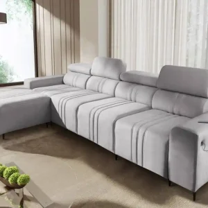 Ecksofa mit Schlaffunktion Castel XII grau Esche linke Seite stilvolles und bequemes Ecksofa für Wohnzimmer funktionelle verstellbare Kopfstützen Preisreduziert