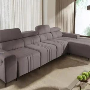 Direktkauf Ecksofa mit Schlaffunktion Castel XII grau braun rechte Ecke stilvolles und bequemes Ecksofa für das Wohnzimmer funktionelle verstellbare Kopfstützen