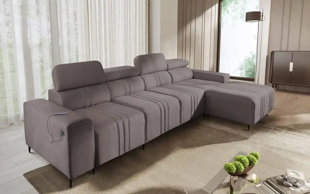 Direktkauf Ecksofa mit Schlaffunktion Castel XII grau braun rechte Ecke stilvolles und bequemes Ecksofa für das Wohnzimmer funktionelle verstellbare Kopfstützen