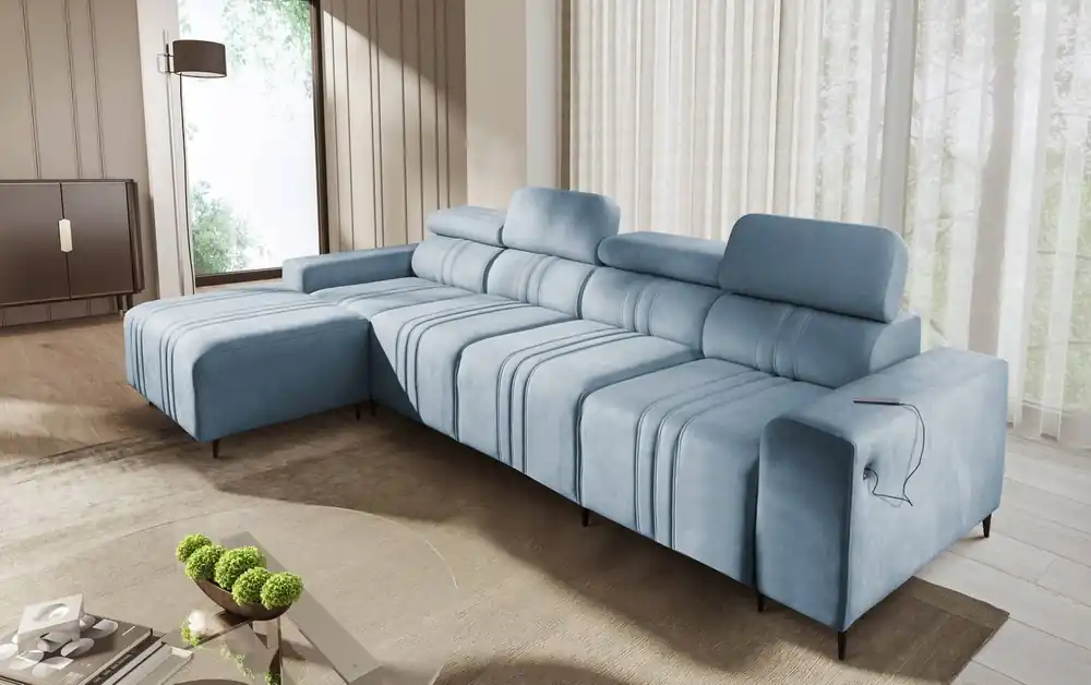 Ecksofa mit Schlaffunktion Castel XII blau linke Seite stilvolles und bequemes Ecksofa für Wohnzimmer funktionelle verstellbare Kopfstützen Schnäppchen