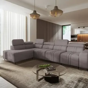 Expressversand Ecksofa mit Schlaffunktion Castel XI grau braun linke Seite bequemes Ecksofa mit Bettzeugablage strapazierfähiger Stoff