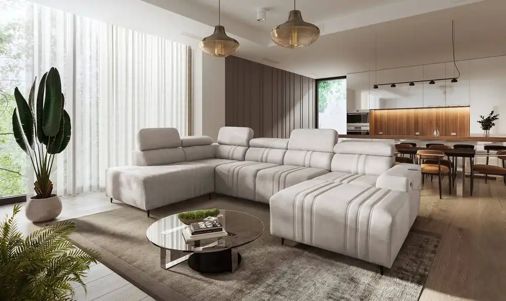 Ecksofa mit Schlaffunktion Castel VI beige rechtsseitig komfortables und elegantes Ecksofa mit zwei Bettkästen Abverkauf
