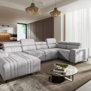 Neue Ware Ecksofa mit Schlaffunktion Castel IV grau Esche links stilvolles Ecksofa mit Bettkasten und verstellbaren Kopfstützen