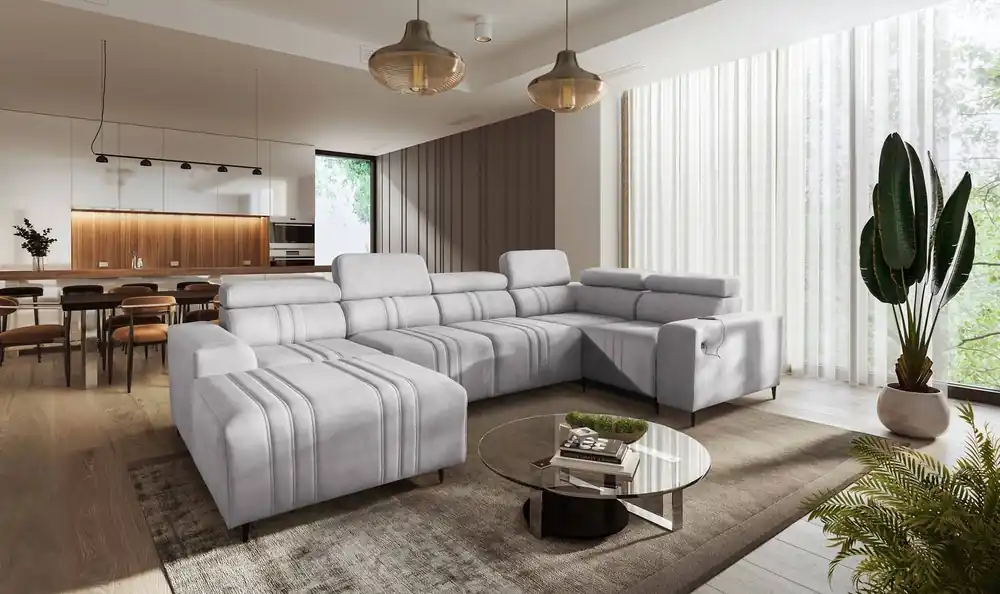 Neue Ware Ecksofa mit Schlaffunktion Castel IV grau Esche links stilvolles Ecksofa mit Bettkasten und verstellbaren Kopfstützen
