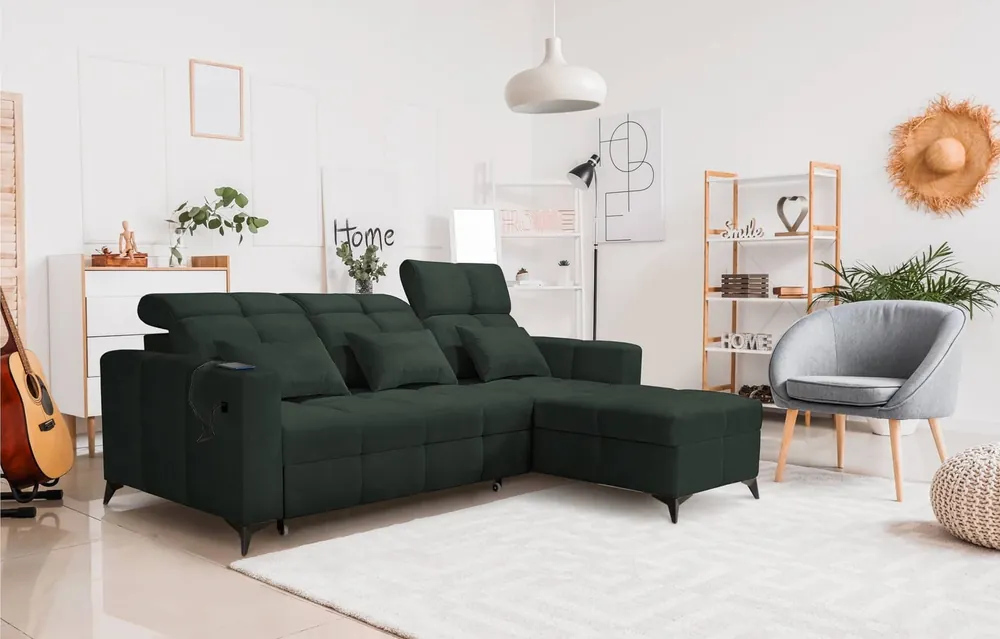 Ecksofa mit Schlaffunktion Laredo grün rechte Ecke komfortables und stilvolles Schlafsofa mit Bettzeugcontainer Abverkauf