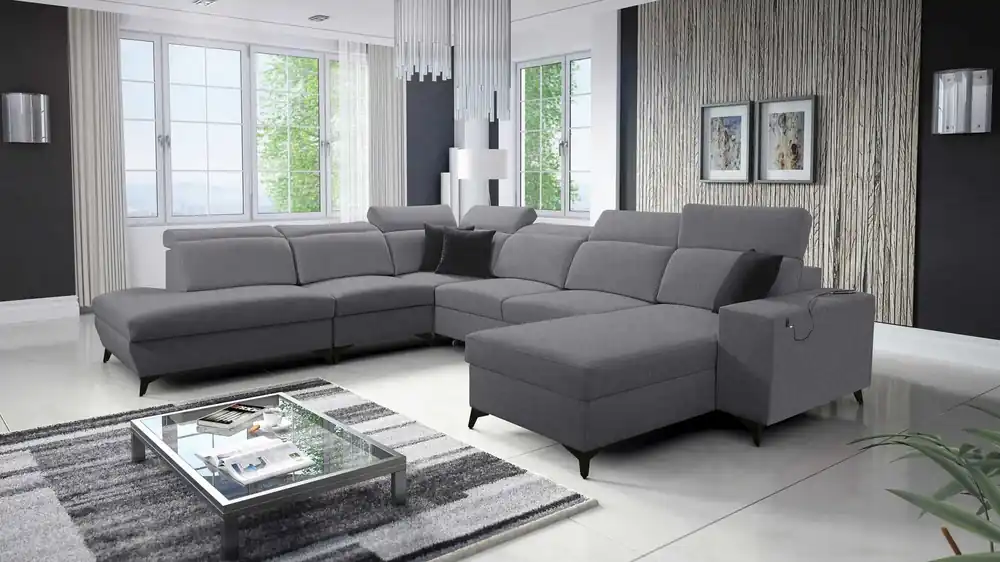 Nur Für Kurze Zeit Ecksofa mit Schlaffunktion Kelly Sleek X grau rechtes extrem elegantes Ecksofa für Wohnzimmer mit verstellbaren Kopfstützen