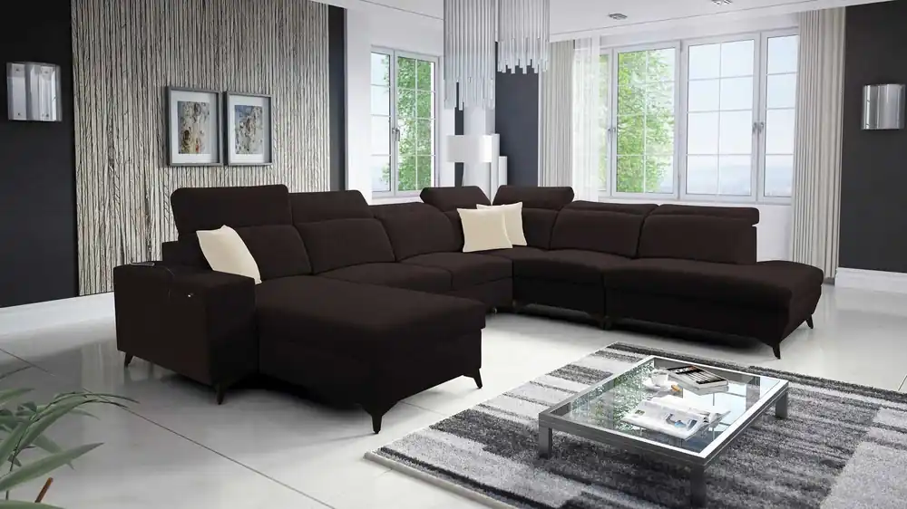 Aktuell Ecksofa mit Schlaffunktion Kelly Sleek X braun linkes extrem elegantes Ecksofa für Wohnzimmer mit verstellbaren Kopfstützen