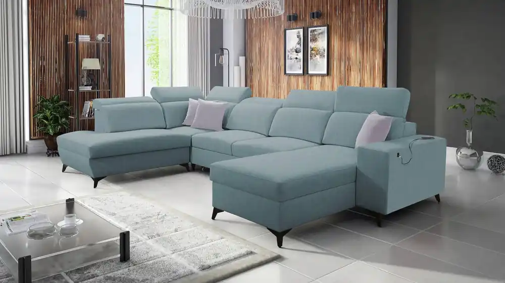 Markenware Ecksofa mit Schlaffunktion Kelly Sleek VI arctic blue rechte Seite modernes Design Ecksofa für Wohnzimmer mit verstellbaren Kopfstützen