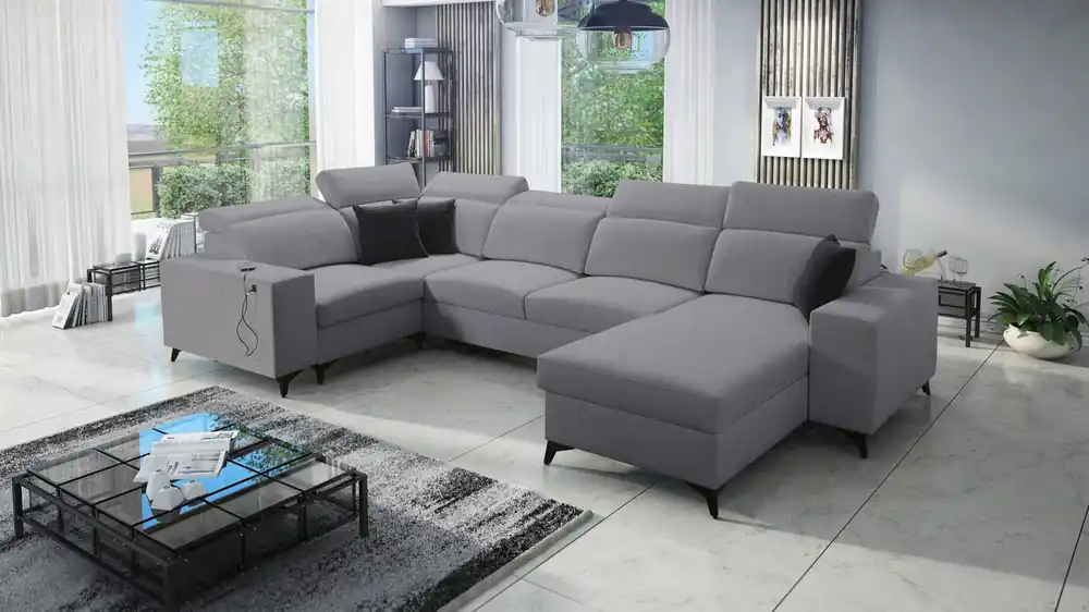 Heißes Angebot Ecksofa mit Schlaffunktion Kelly Sleek IV grau rechts mit Bettkästen aus Webstoff