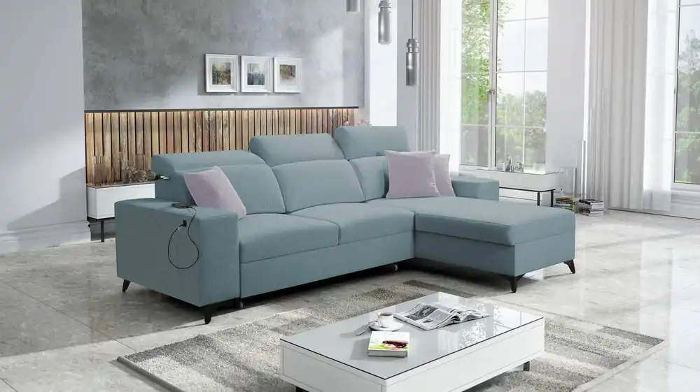 Ecksofa mit Schlaffunktion Kelly Sleek arktisch blau rechtsseitig kariert bequemes und funktionelles Ecksofa für das Wohnzimmer Meistverkauft