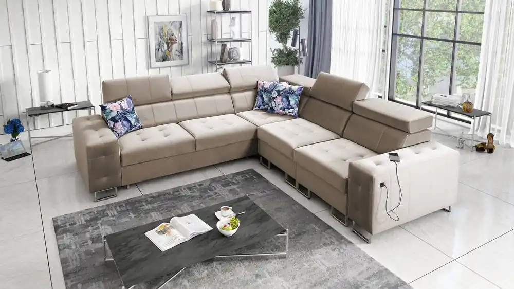 Ecksofa mit Schlaffunktion Hampton III beige rechtsseitiges bequemes Ecksofa aus glattem und weichem Samtstoff Nur Heute