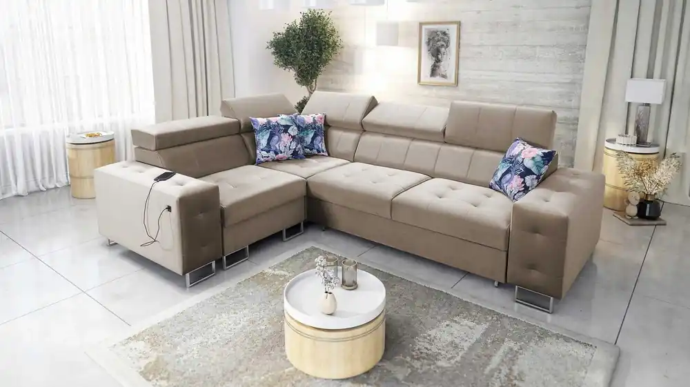 Ecksofa mit Schlaffunktion Hampton II beige linke Seite stilvolles Ecksofa Bett weiche Polsterung Stoffart Samt Saisonangebot