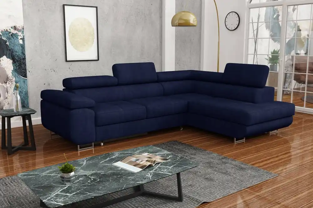 Ecksofa mit Schlaffunktion Ganta marineblau rechte Seite moderner Veloursstoff garantiert höchsten Komfort und Funktionalität Begrenztes Angebot