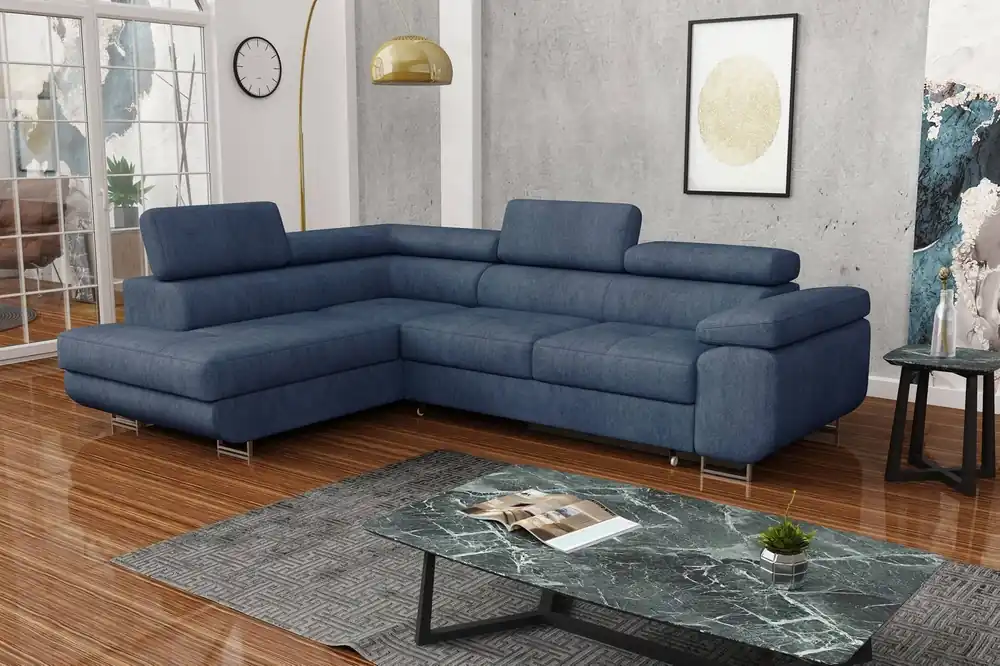 Bestseller Ecksofa mit Schlaffunktion Ganta blue denim linke Seite moderner Veloursstoff garantiert höchsten Komfort und Funktionalität