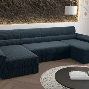 Ecksofa mit Schlaffunktion Fogu U III blau stilvolles Ecksofa mit Armlehnen und Bettzeugablage Kordelstoff Sonderaktion