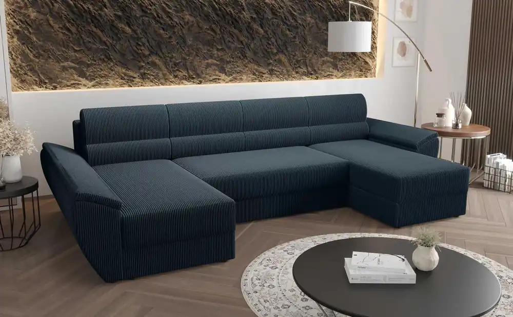 Ecksofa mit Schlaffunktion Fogu U III blau stilvolles Ecksofa mit Armlehnen und Bettzeugablage Kordelstoff Sonderaktion
