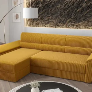 Ecksofa mit Schlaffunktion Fogu III Honig-Gelb links Stilvolles Ecksofa mit Armlehnen und Bettzeugablage Kordelstoff Sale